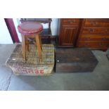 A Victorian pine trunk, a wicker basket and a stool