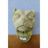 A concrete bust of a Staffordshire bull terrier