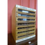 A vintage Clarks Anchor beech counter top haberdashery shop cabinet, 59cms h, 45cms w, 36cms d
