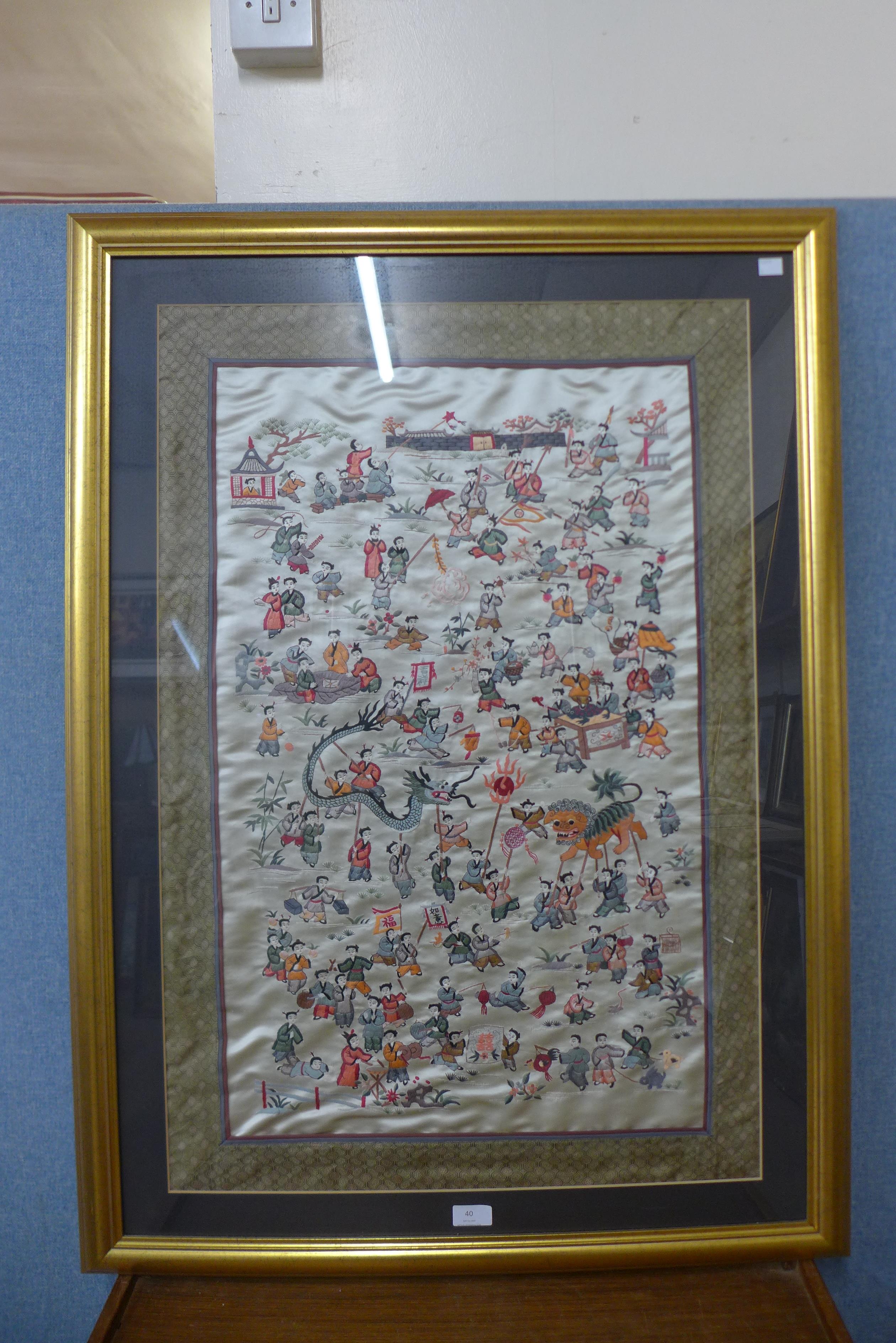 A large Chinese silk embroidery, framed - Image 2 of 2