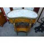 A French Louis XV style inlaid mahogany, gilt metal and marble topped kidney shaped occasional table
