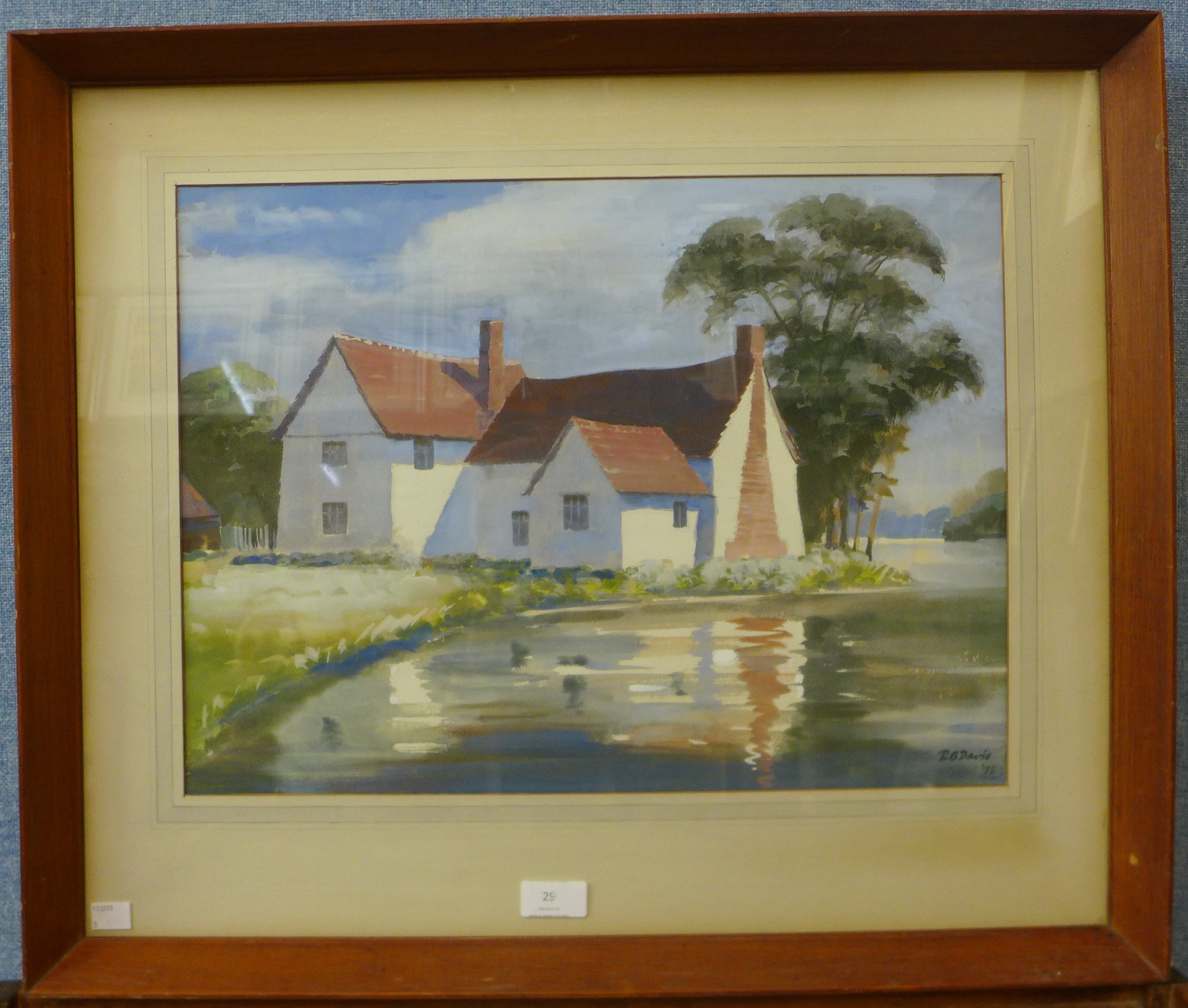 R.B. Davis, river landscape with country house, watercolour, dated 1973, 35 x 48cms, framed - Image 2 of 2