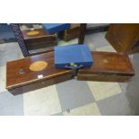 A Victorian mahogany, brass and maple inlaid writing slope, a mahogany writing slope and a