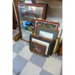 A Southern Comfort advertising mirror, assorted prints and still life of fruit, oil painting