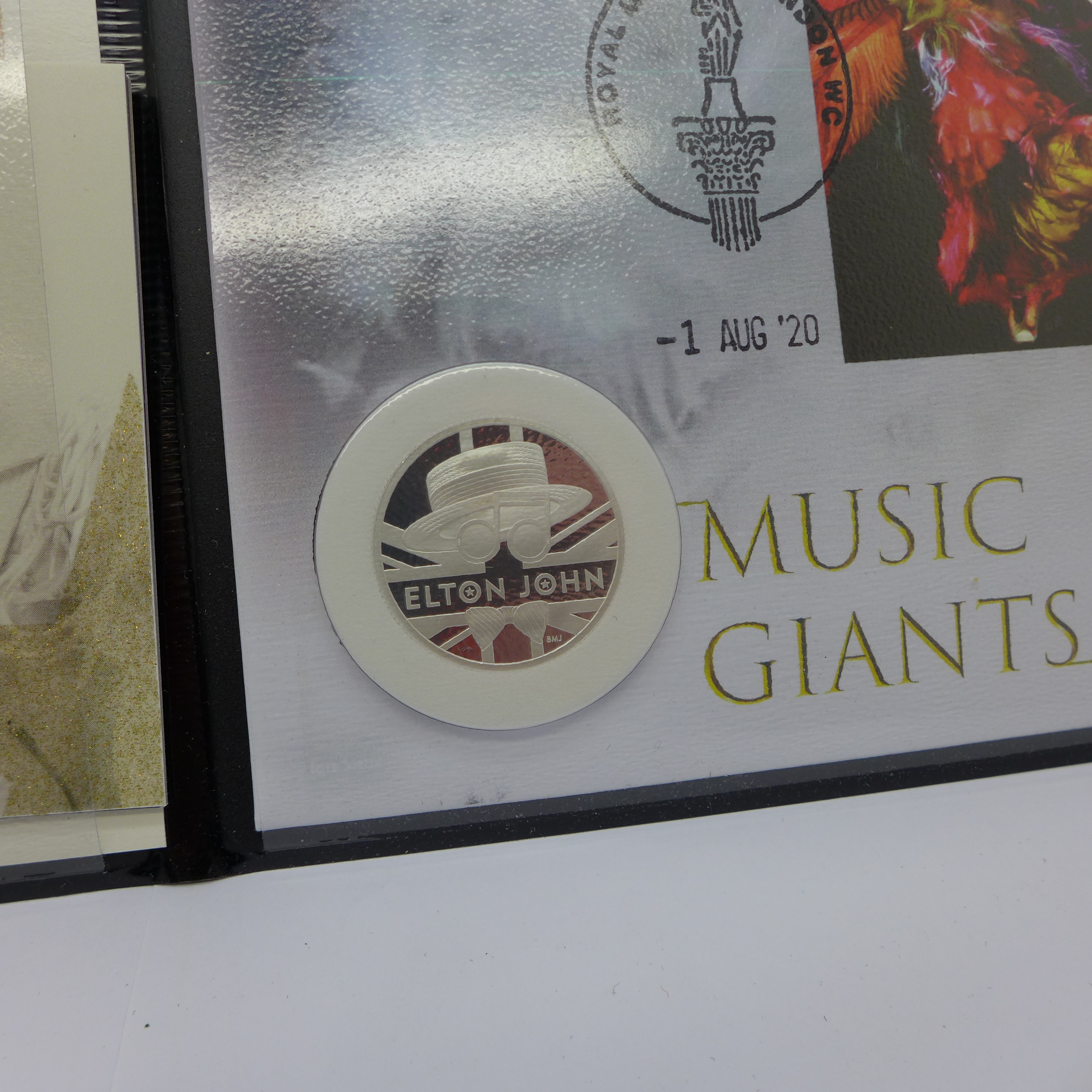 A 2020 Music Giants Elton John half ounce £1 silver proof coin cover, 999/1000, with certificate - Image 2 of 2