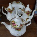 Two Royal Albert Old Country Roses coffee pots, a tea pot and a sandwich plate