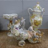 Four items of continental china; figure, centrepiece and lidded vase and cover, all a/f, and a