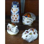 Four Royal Crown Derby paperweights, Chipmunk, Bank Vole, Hawthorn Hedgehog and Imari Pig, all