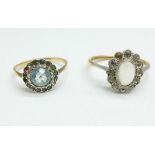 Two 9ct gold and silver set rings;-one moonstone and white stone ring, lacking one stone, and one