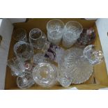 Two cut glass crystal decanters, brandy glasses, whisky tumblers, sherry and wine glasses, etc.