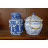 Two blue and white porcelain Chinese ginger jars with lids, one hexagonal shape and one round, 23cm