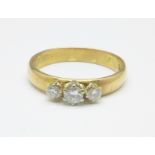 A yellow metal set three stone diamond ring, marked 900, 3.7g, O