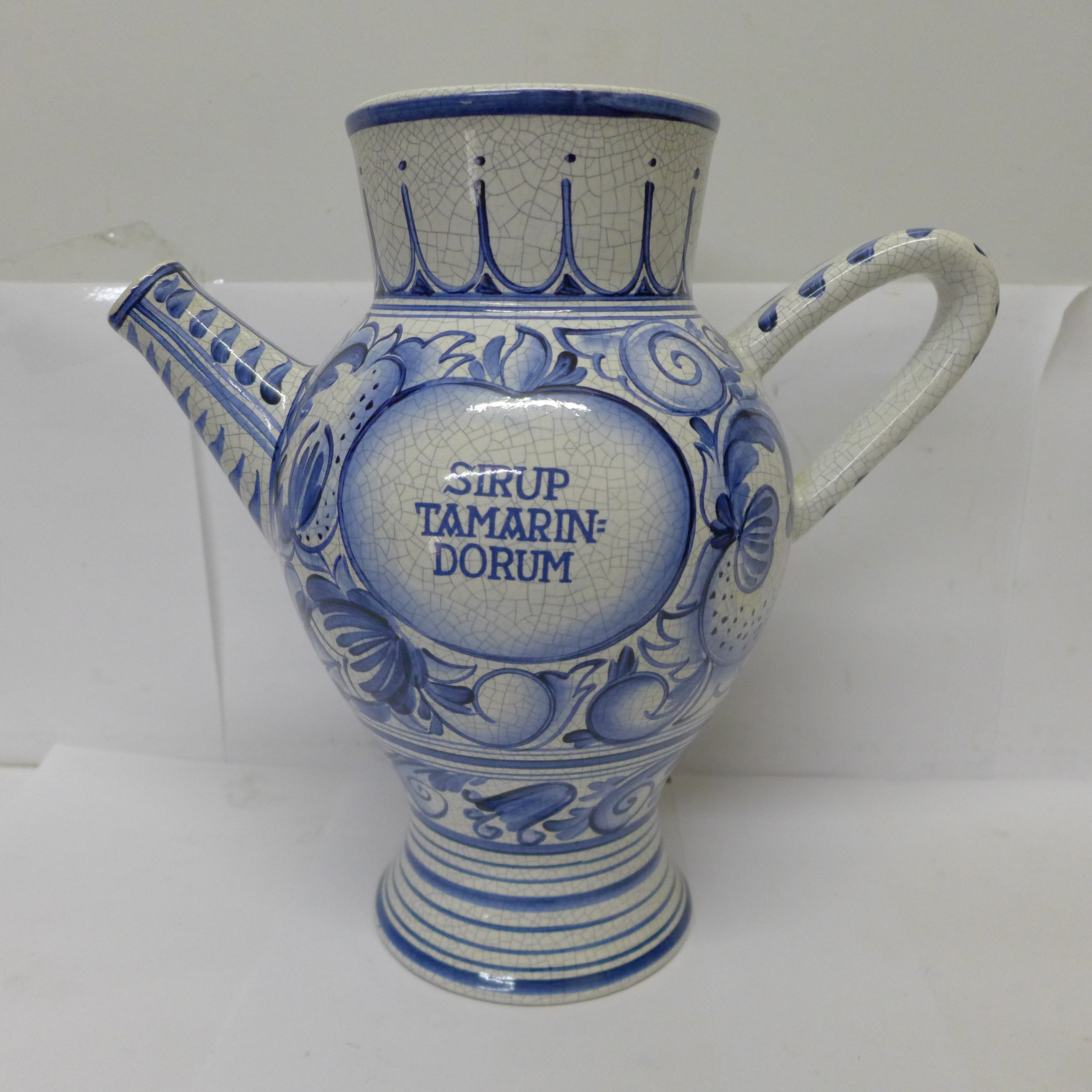 A Delft Albarello wet drug jar, marked 'Sirup Tamarin=Dorum', mark to the base, 26cm