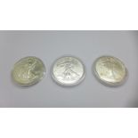 Three 1oz fine silver American Liberty dollars 1989, 2009, 2018