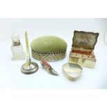 A collection of silver items; pill box, jewellery box, novelty shoe pin cushion, oval trinket box,