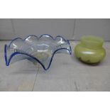 A large hand blown glass bowl and an iridescent glass vase, vase a/f