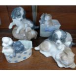 Four Nao by Lladro figure groups, Kittens in a Basket, Poodles in a Polka Dot Box and two puppy