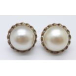 A pair of large 9ct gold mounted pave pearl earrings, 15.8g, pearl 19mm