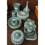 Twelve items of Wedgwood green Jasperware