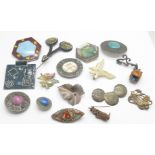 A collection of brooches, etc., (one brooch lacking pin)