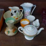 A collection of Myott Art Deco china including a tea service, two jugs and a vase