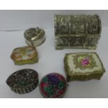 Six trinket boxes, one set with stones, one with hinge a/f