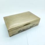 An Egyptian white metal cigar box with inscription dated 1973, with control marks, 17cm x 9.5cm, (