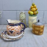 A box of assorted china, Royal Albert plates, a Royal Vale Longton plate, a jug and a clock**