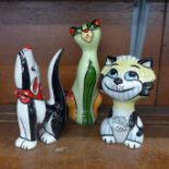 Two Lorna Bailey cat figures, Tom with Jerry and Elizabeth, 'Lizzy Cat' and a Steptoe dog figure,