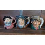 Three Royal Doulton medium decanter character jugs, (lacking contents)