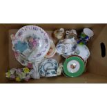 A box of decorative china including Royal Albert, Palissy, and Booth's