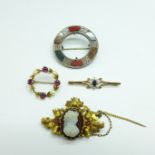 A 9ct gold brooch with blue and white cluster, 1.9g, a Scottish brooch and two other brooches