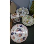 A Mason's clock, five plates, vegetable dish and cover, etc.
