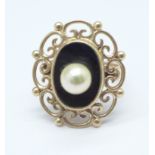 A 9ct gold, onyx and pearl set ring, 5.6g, K, (pearl added later)