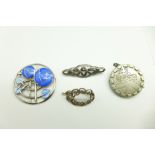 A 925 silver and enamel brooch and three other brooches