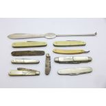 Eight penknives, three with mother of pearl handles, one with a silver blade, a/f, a fleam and a