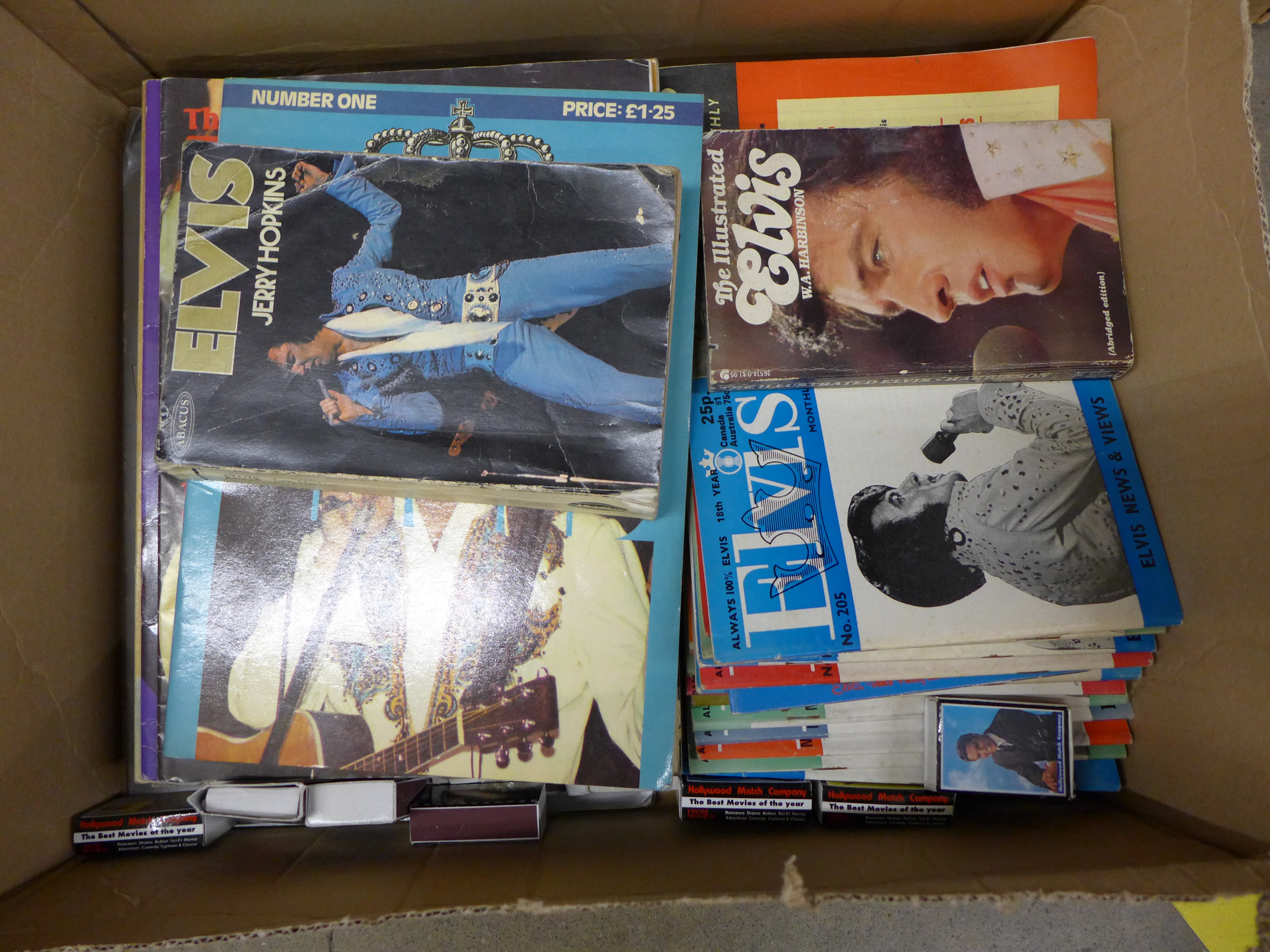 A collection of Elvis books, magazines, etc., including Elvis Weekly and an Elvis poster**PLEASE