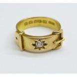 A Victorian 15ct gold buckle ring set with diamond, Birmingham 1878, 4.9g, L