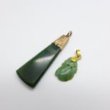 A 9ct gold and jade set pendant and a carved jade pendant set on yellow metal, with continental