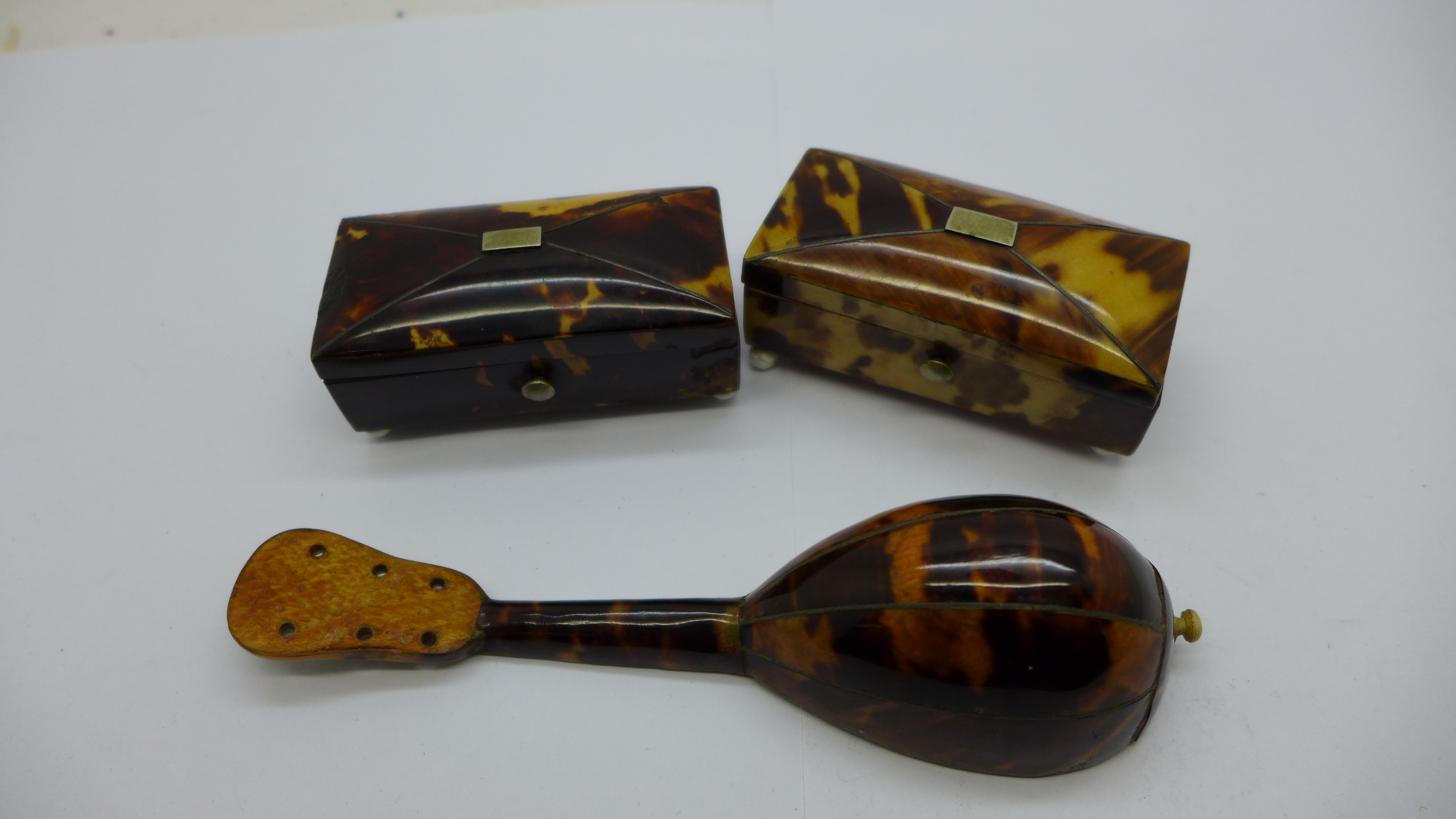 Two small caddy shaped tortoiseshell mounted boxes and a novelty miniature mandolin mounted with - Image 2 of 2