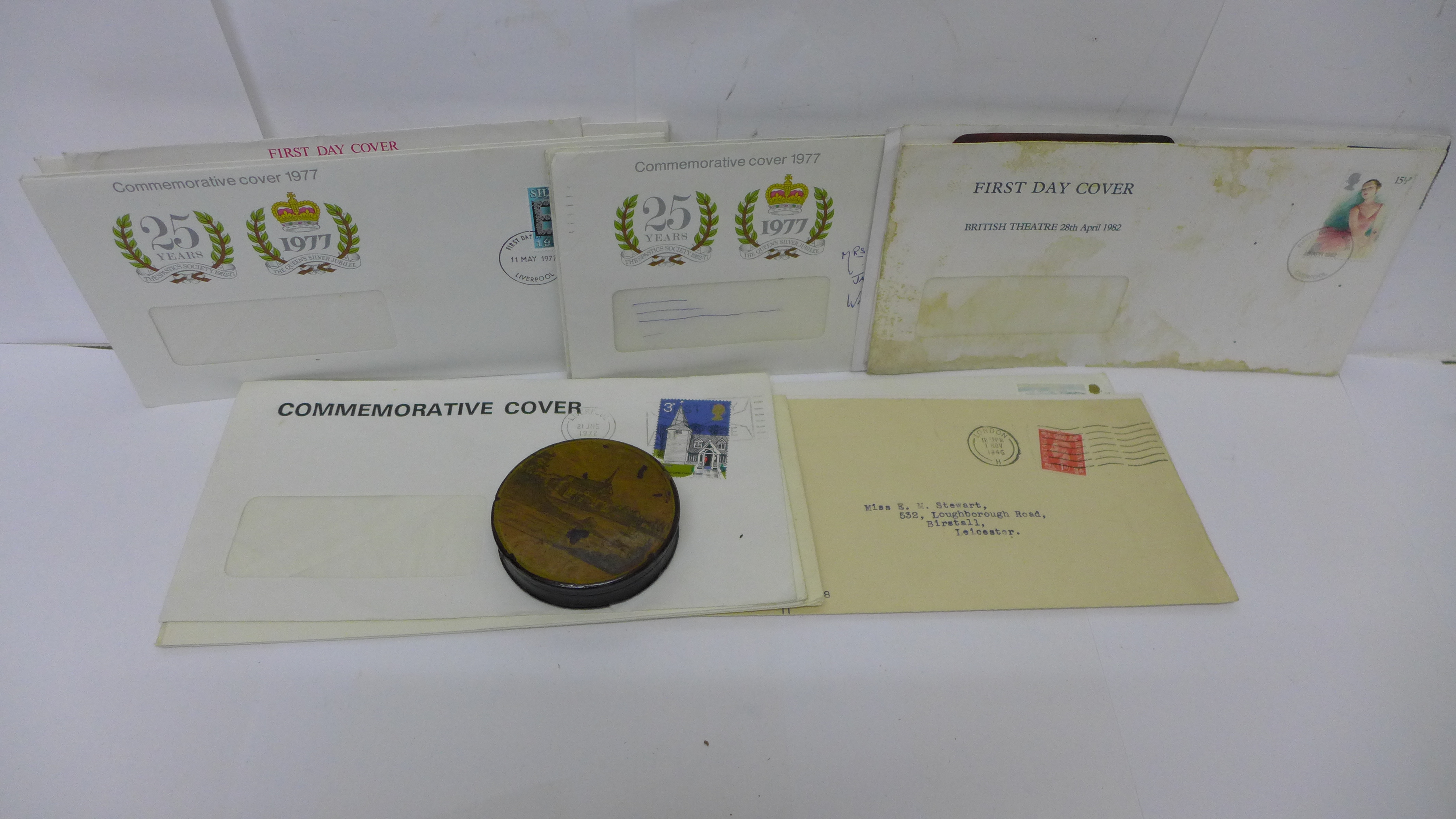 A papier-mache circular box, a/f, and seventeen first day covers