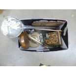 A copper kettle, oak cased clock, brass chestnut roaster, barometer, other metalwares, etc.**