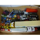 Three boxes of die-cast model vehicles, including Hot Wheels, playworn