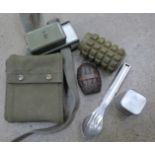 A nerve agent test kit, a tourniquet and dispenser, a practise grenade, cutlery set, etc.