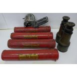 An Antifyre Pistole Mark III fire extinguisher system and a pair of WWI era field glasses