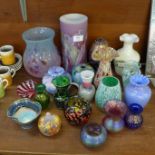 A collection of coloured glass vases, bowls, including Venetian