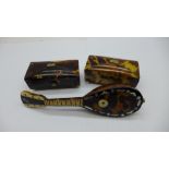 Two small caddy shaped tortoiseshell mounted boxes and a novelty miniature mandolin mounted with