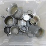A box of pewter tankards and bowl, etc.**PLEASE NOTE THIS LOT IS NOT ELIGIBLE FOR POSTING AND