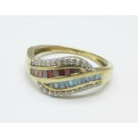 A 9ct gold three colour diamond crossover ring, 2.4g, O