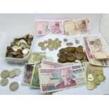 Coins and banknotes including a Victorian silver half crown